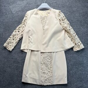 Darling London Womens S Dress Jacket Set Cream Crochet Lace Shift Cropped Small